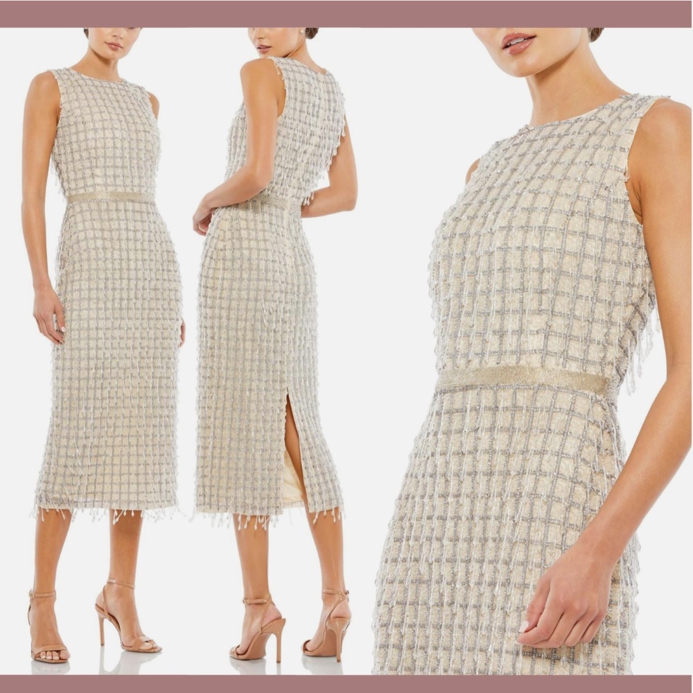 NWT $598 Mac Duggal [ 14‎ ] Crystal Drop High Neck Beaded Midi Sheath Dress Nude